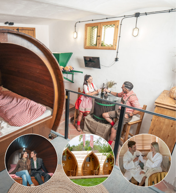 Schlafen im Weinfass-Chalet DELUXE für 6 mit Winzerabend + Romantik-Wellness