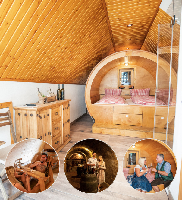 Schlafen im Weinfass-Chalet DELUXE für 4 mit Winzerabend + Romantik-Wellness