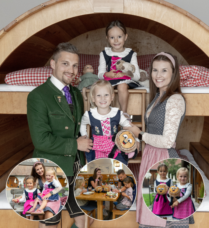 Schlafen im Familienfass mit zwei Kindern & Heurigenschmankerln